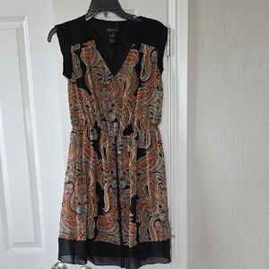 Enfocus Studio Orange, Pink and Black Pleated Sundress V-neck Sleeveless